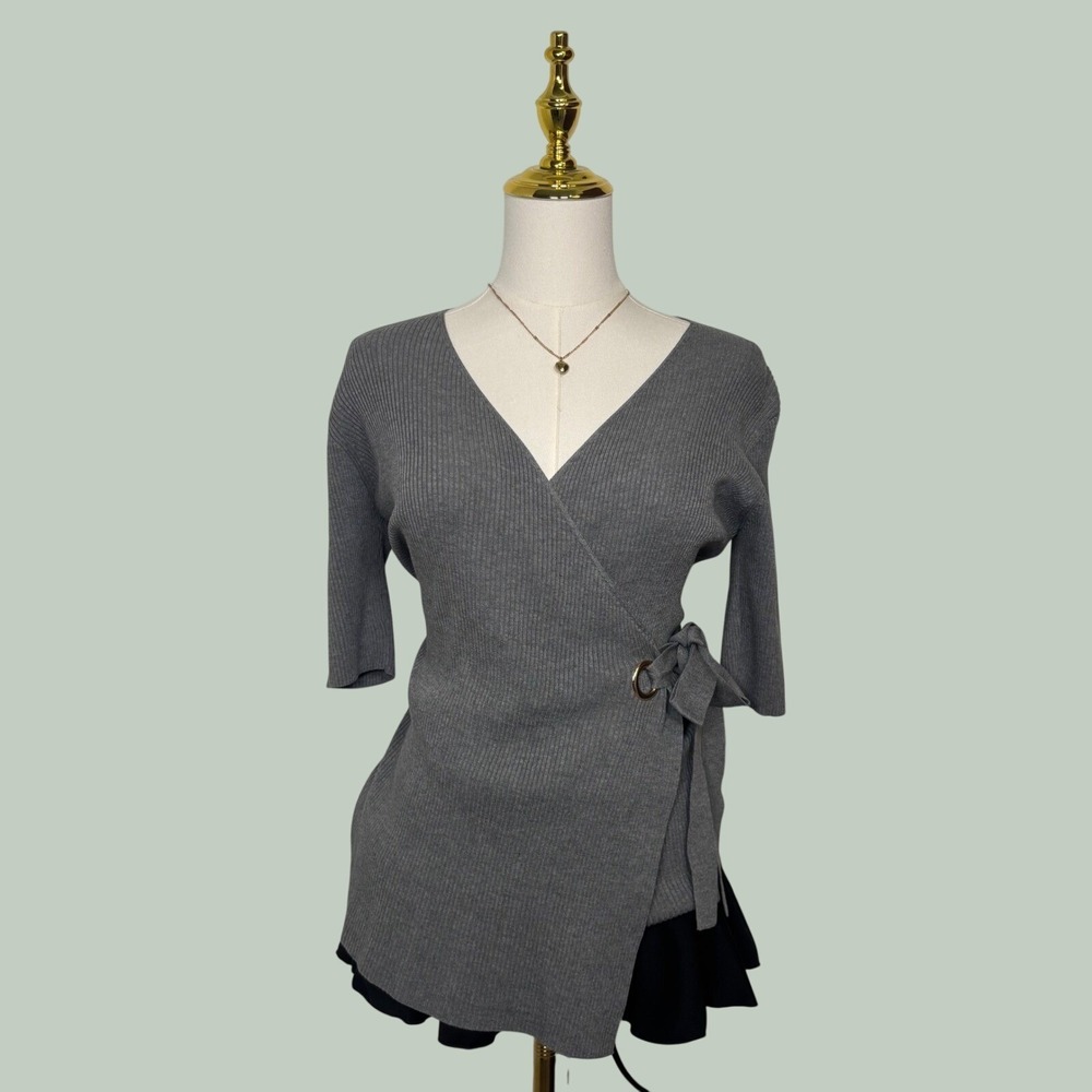gray gold wrap sweater blouse coquette knit ribbed bow chic dainty elegant y2k